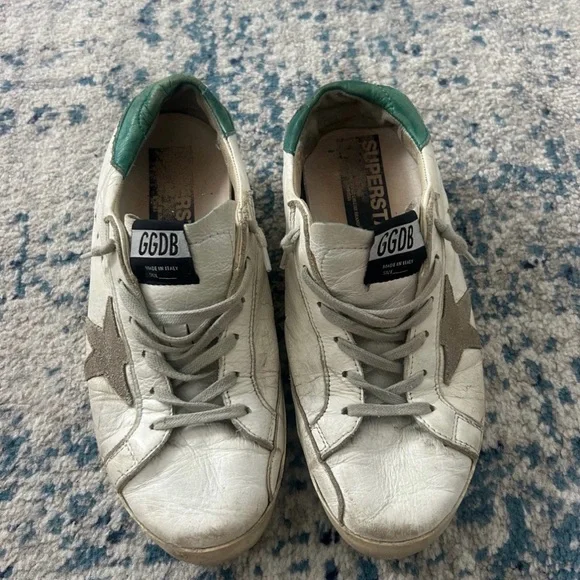 Golden Goose White and Green Super Star Sneakers - Picture 1 of 7